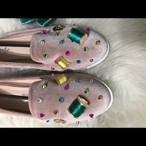 Embellished Pink Velvet Slip-On Shoes
